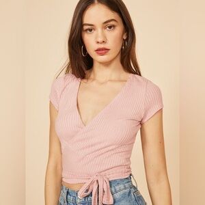 Reformation Flora Ribbed Knit Wrap Tie Top Pink Blush Crop Short Sleeve Pastel